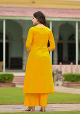 Yellow Cotton A-Line Handwork Suit  Set