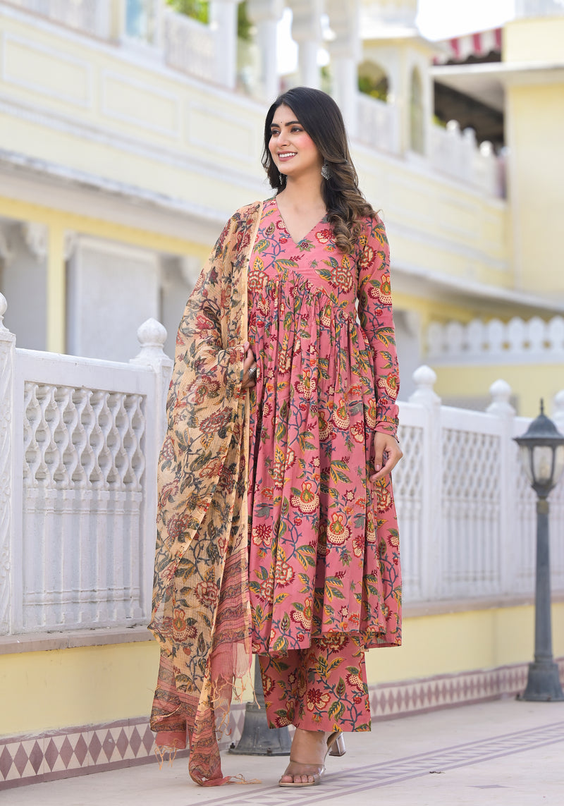 Aleeza Peach Handblock Printed Suit Set