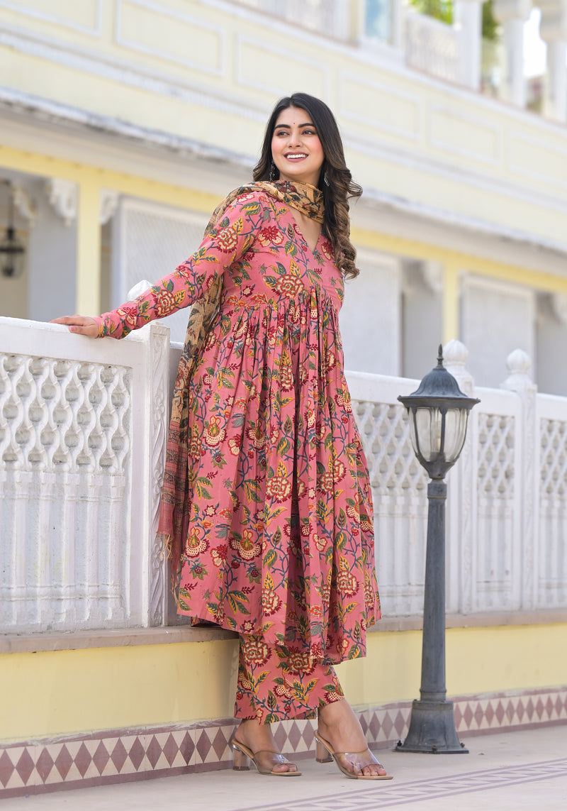 Aleeza Peach Handblock Printed Suit Set
