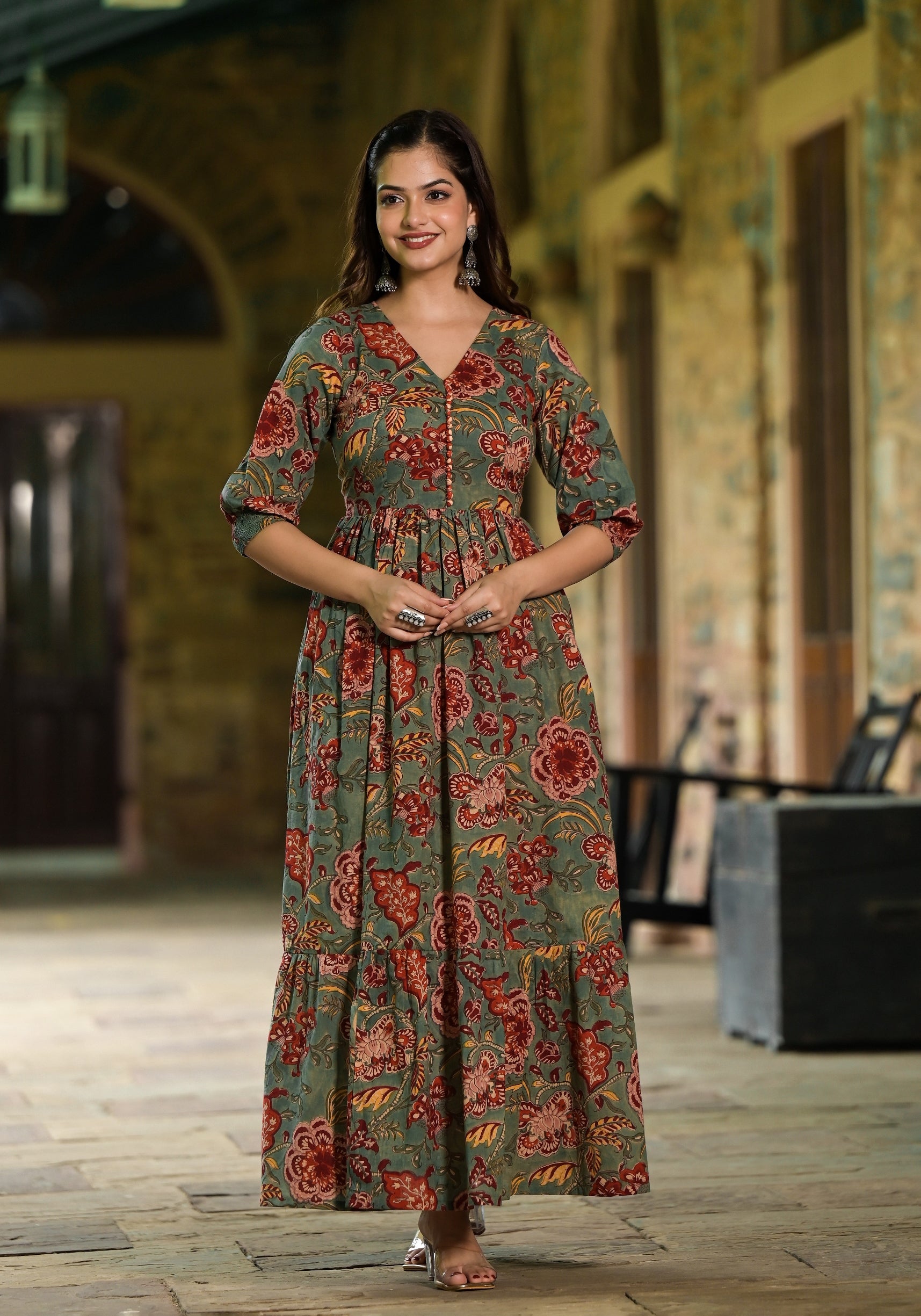 Green - Block Print Cotton Short Flared Bagh Dress 04