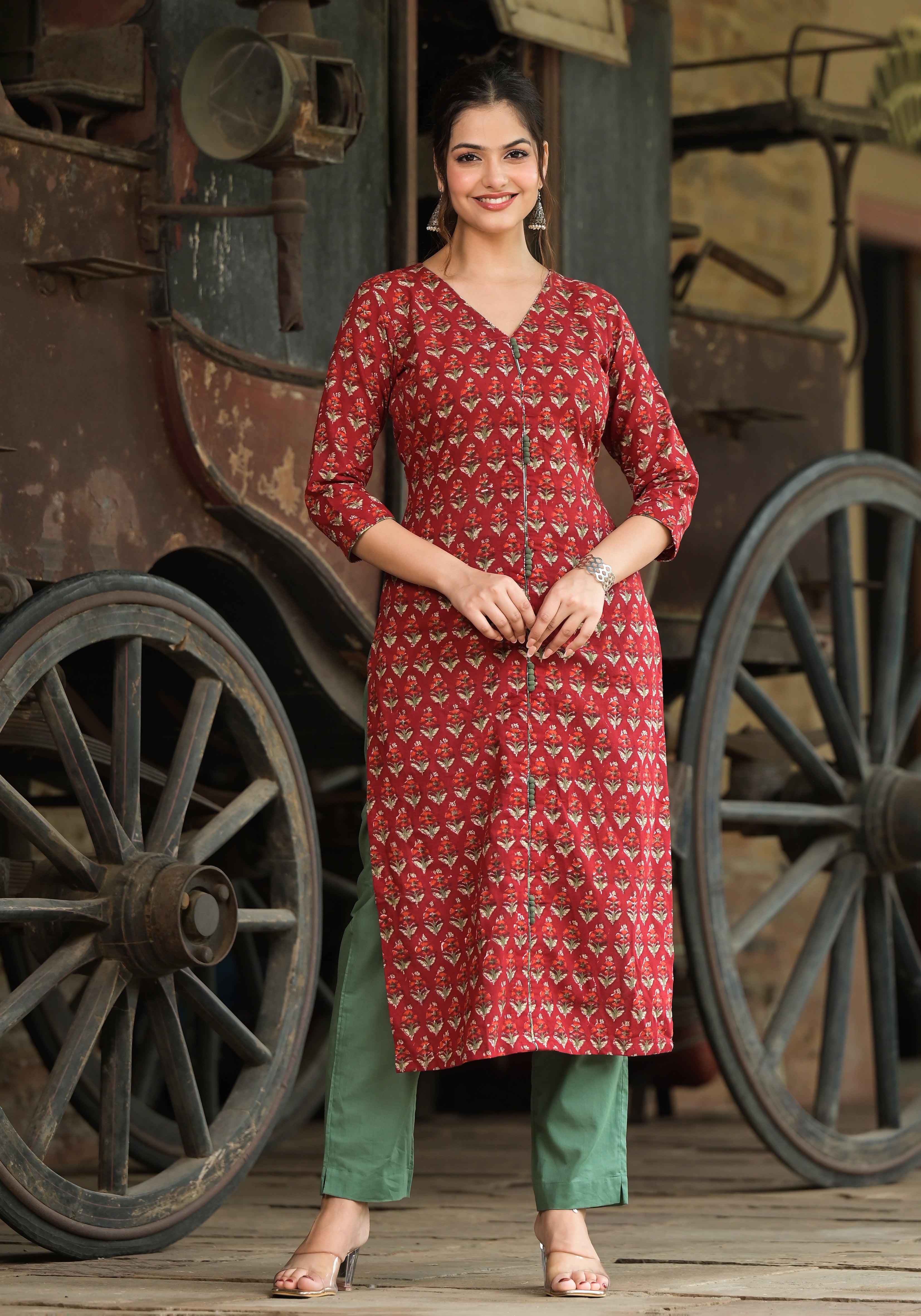 RUST RED HAND BLOCK COTTON SHORT KURTI