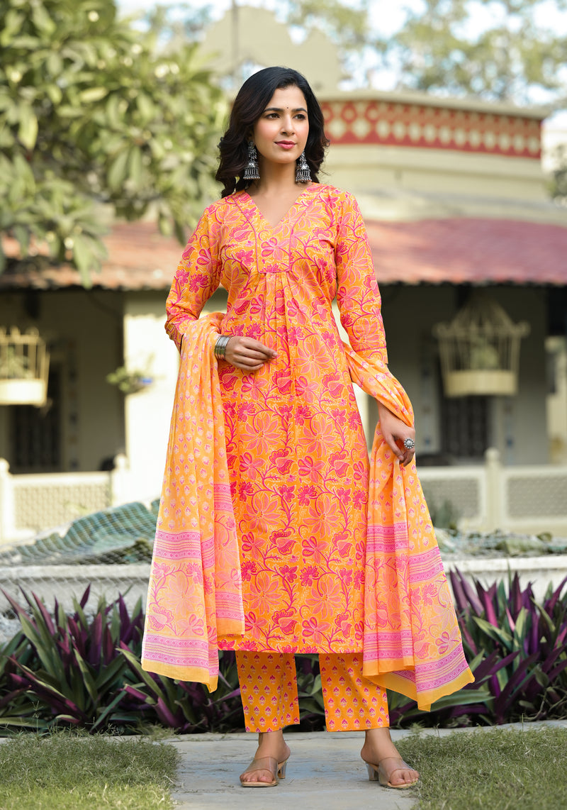 Oishi orange floral cotton suit set