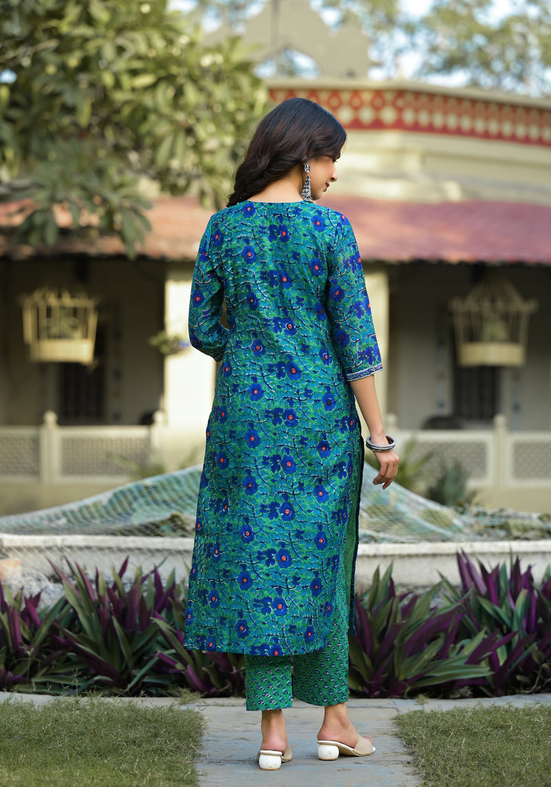 Gulnaaz Green Embroidered Handblock Chanderi Suit Set