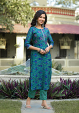 Gulnaaz Green Embroidered Handblock Chanderi Suit Set