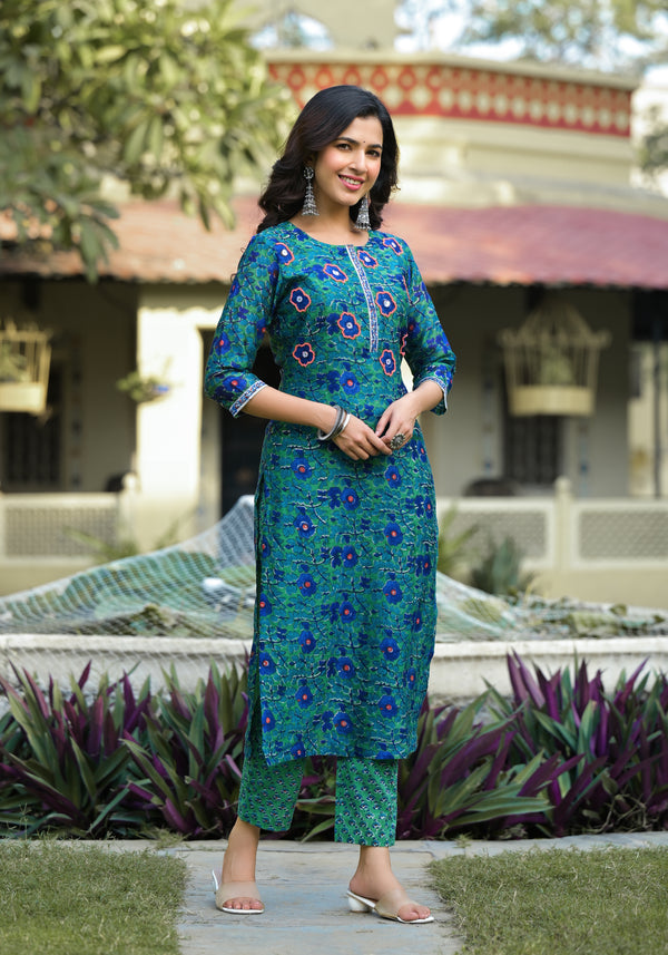Gulnaaz Green Embroidered Handblock Chanderi Kurta Pant Set