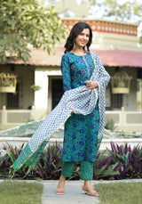 Gulnaaz Green Embroidered Handblock Chanderi Suit Set