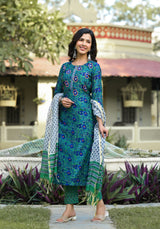 Gulnaaz Green Embroidered Handblock Chanderi Suit Set