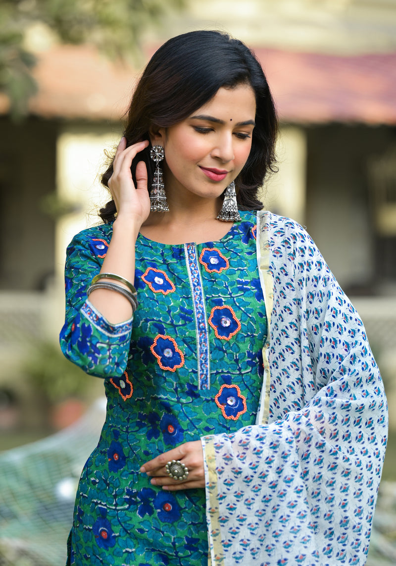 Gulnaaz Green Embroidered Handblock Chanderi Suit Set