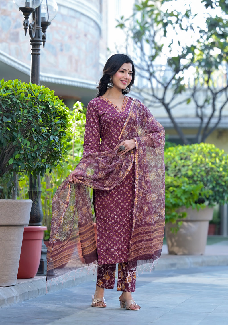 Malika Magenta Cotton Straight Suit Set