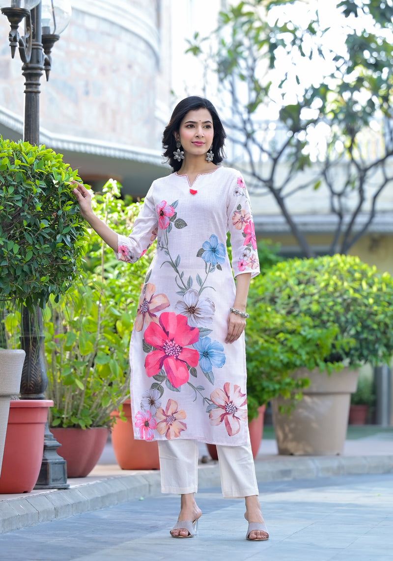 Israt Floral White Cotton Straight Suit Set