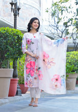 Israt Floral White Cotton Straight Suit Set