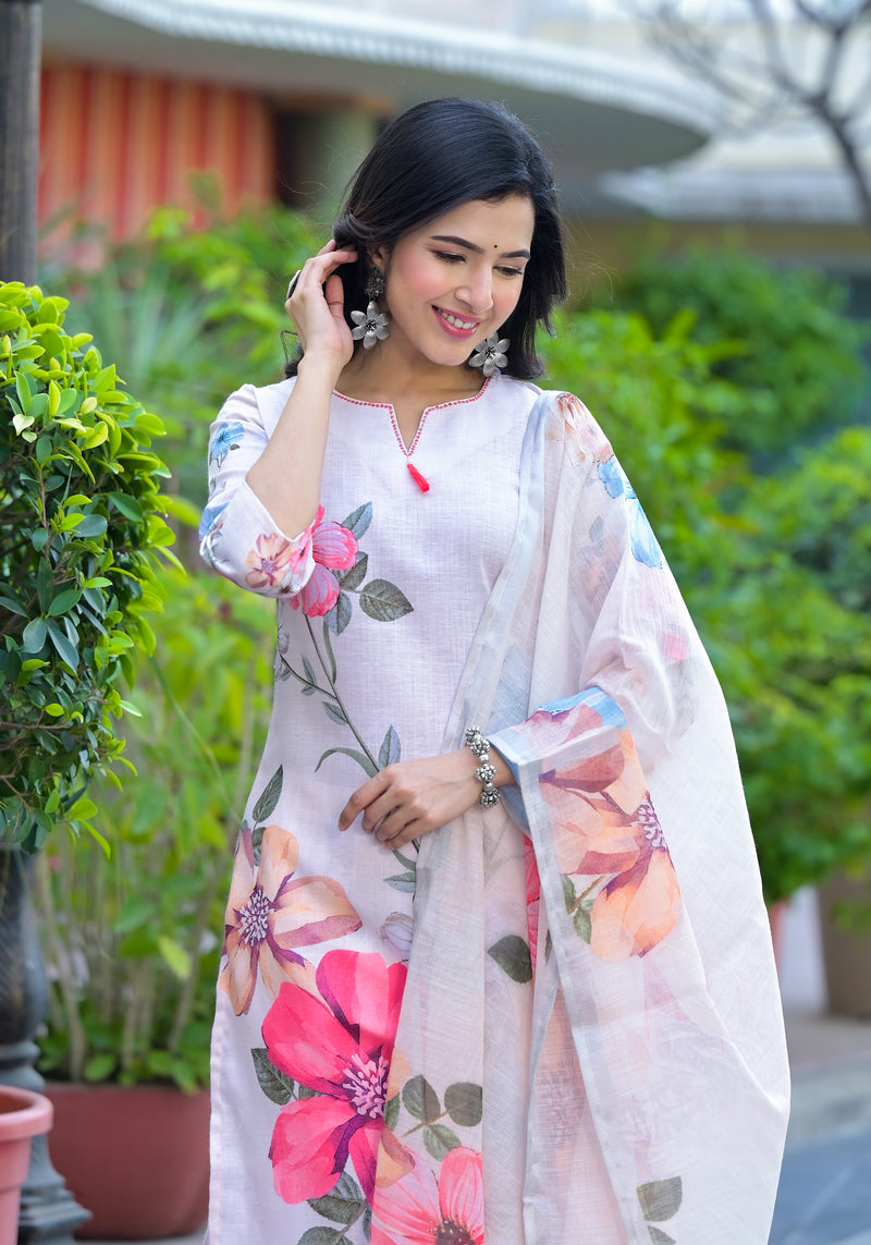 Israt Floral White Cotton Straight Suit Set