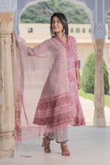 Pink Roses Dual Print Handblock suit with Kotadoria Dupatta