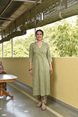 Gulfi Green Handblock Cotton Straight Kurta Pant Set