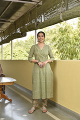Gulfi Green Handblock Cotton Straight Kurta Pant Set