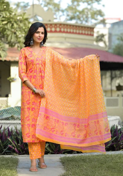 Oishi Orange Floral Cotton Unstitched Suit set