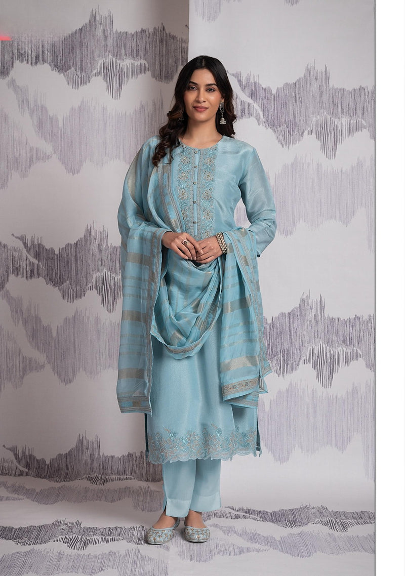 Sophia Pristine Blue Organza Handwork Suit Set with Jaquard Dupatta