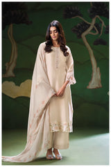 Navya Pure Satin Silk Suit Set with Embroidery & Lace Detailing (Beige Grey)