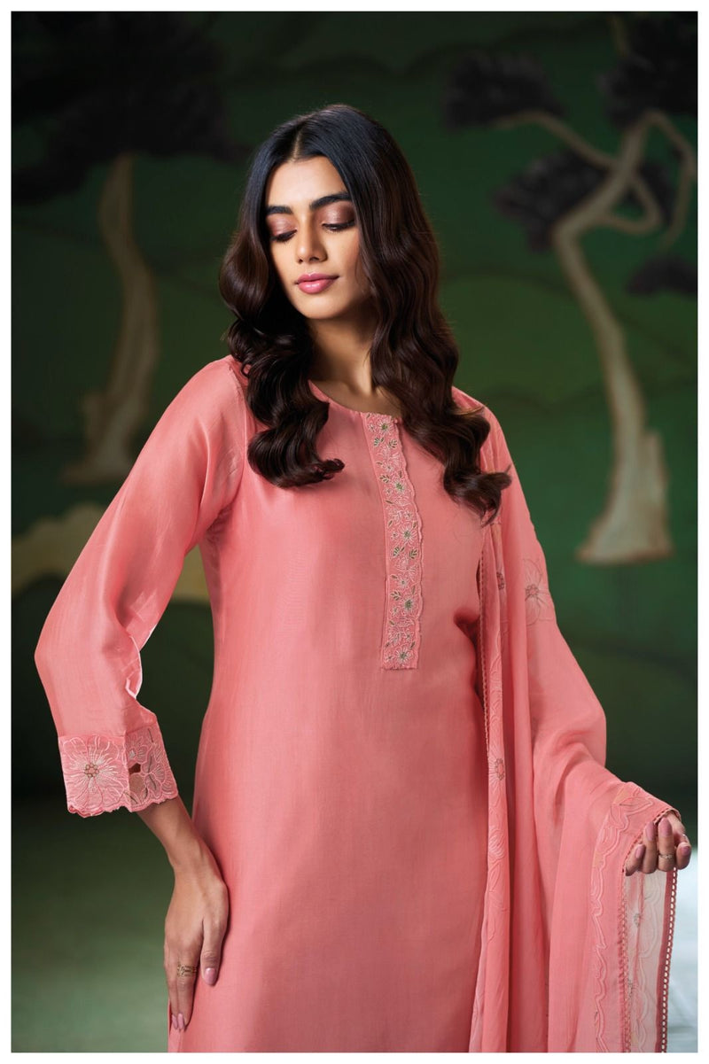 Navya Pure Satin Silk Suit Set with Embroidery & Lace Detailing (Beige Grey)
