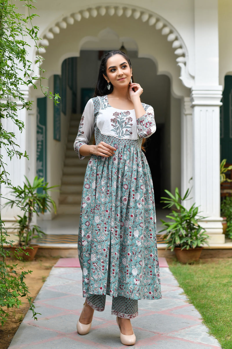 Mint Glory Mul Handblock Kurta and Pant Only