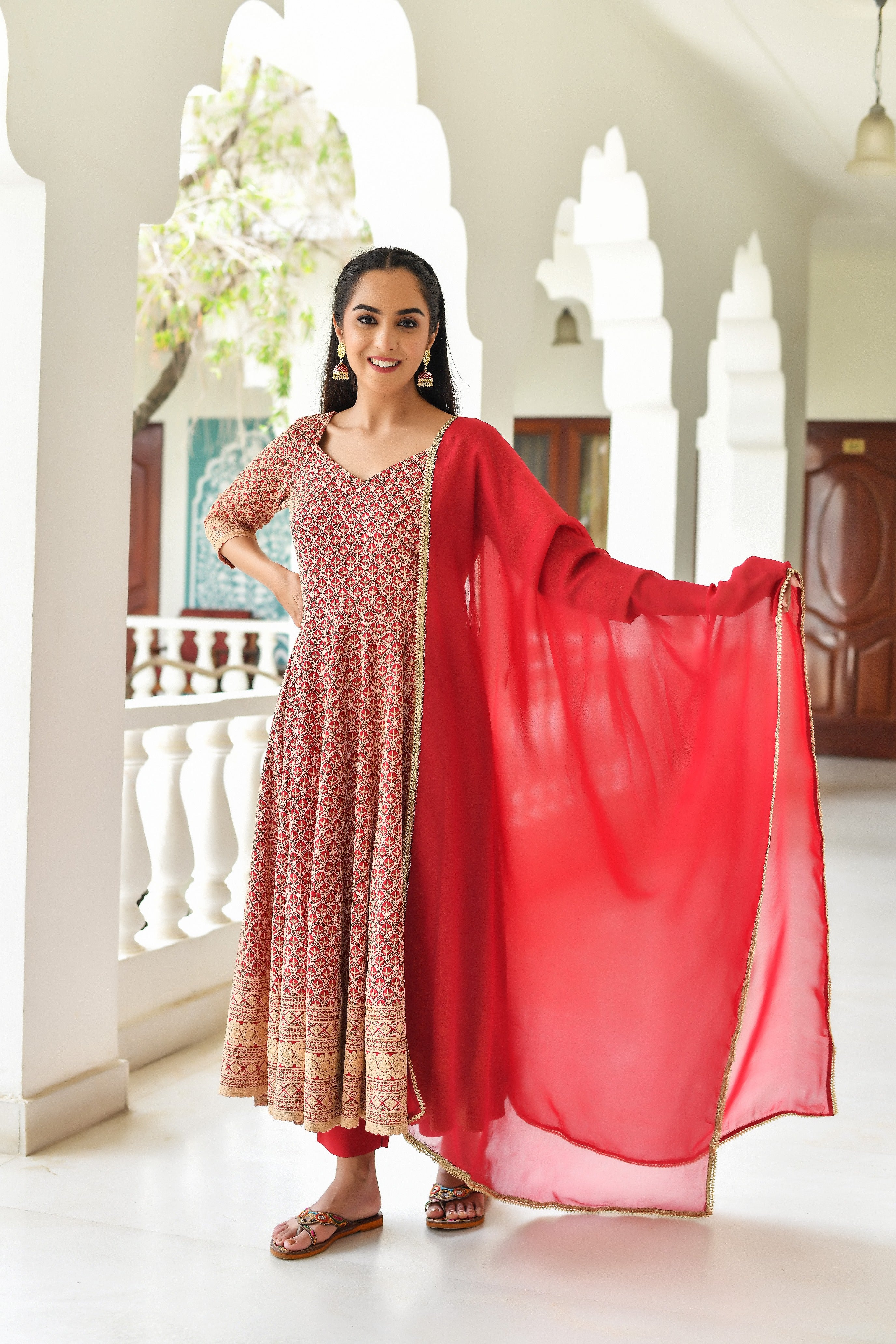 Avani Red Premium Cotton Anarkali Suit Set main image 0