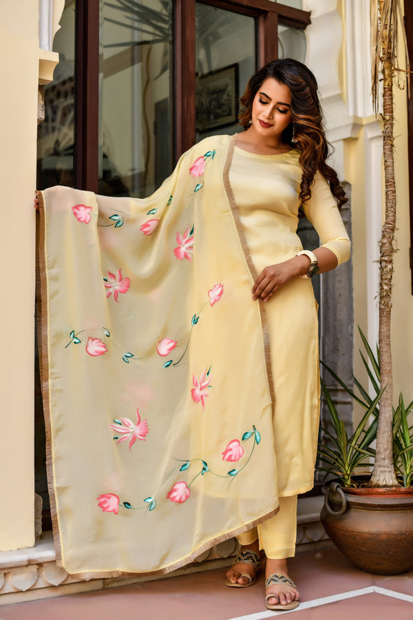 Yellow Blossom Silk Suit Set With Handpainted Dupatta