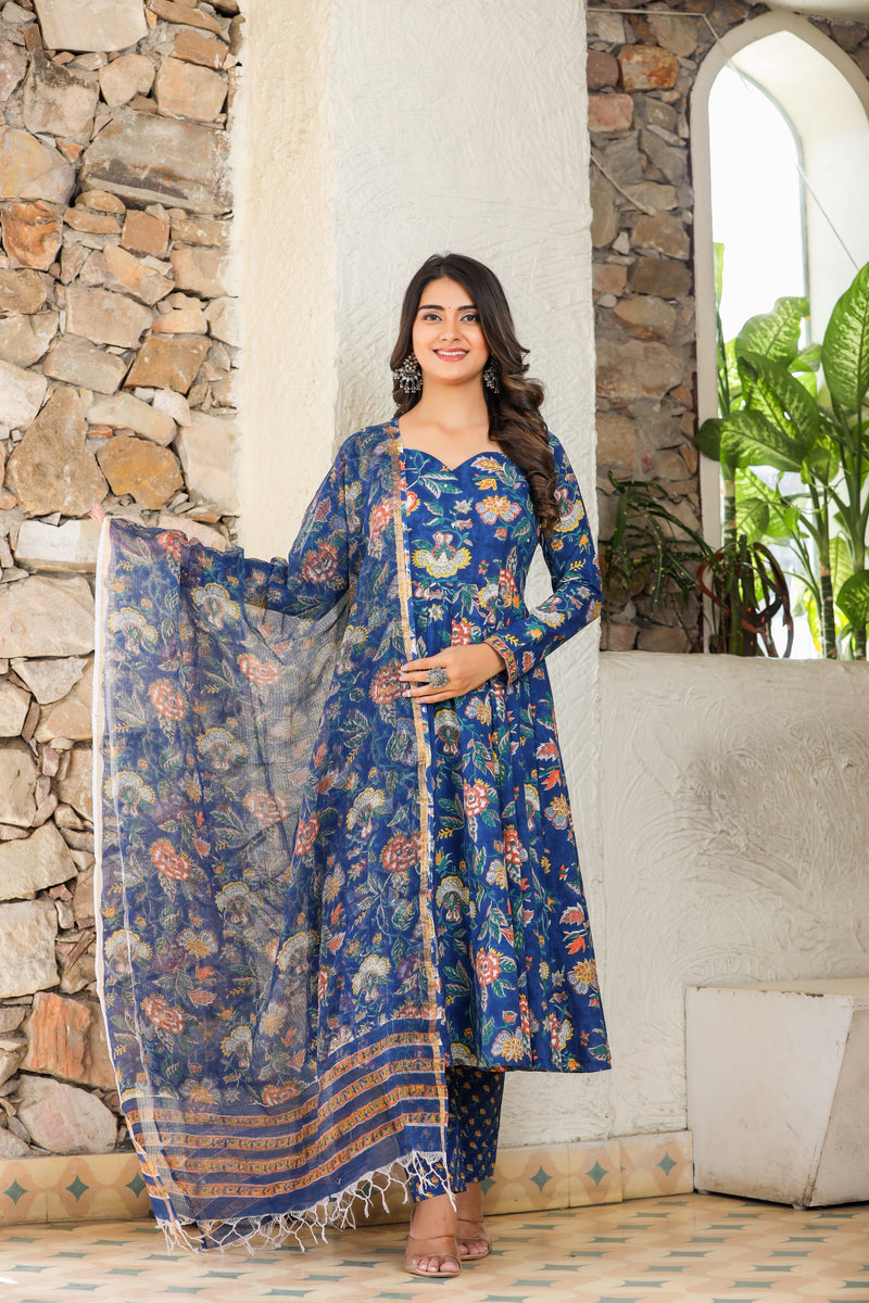 Blue Sapphire Gher Handblock Kotadoria Dupatta Suit Set