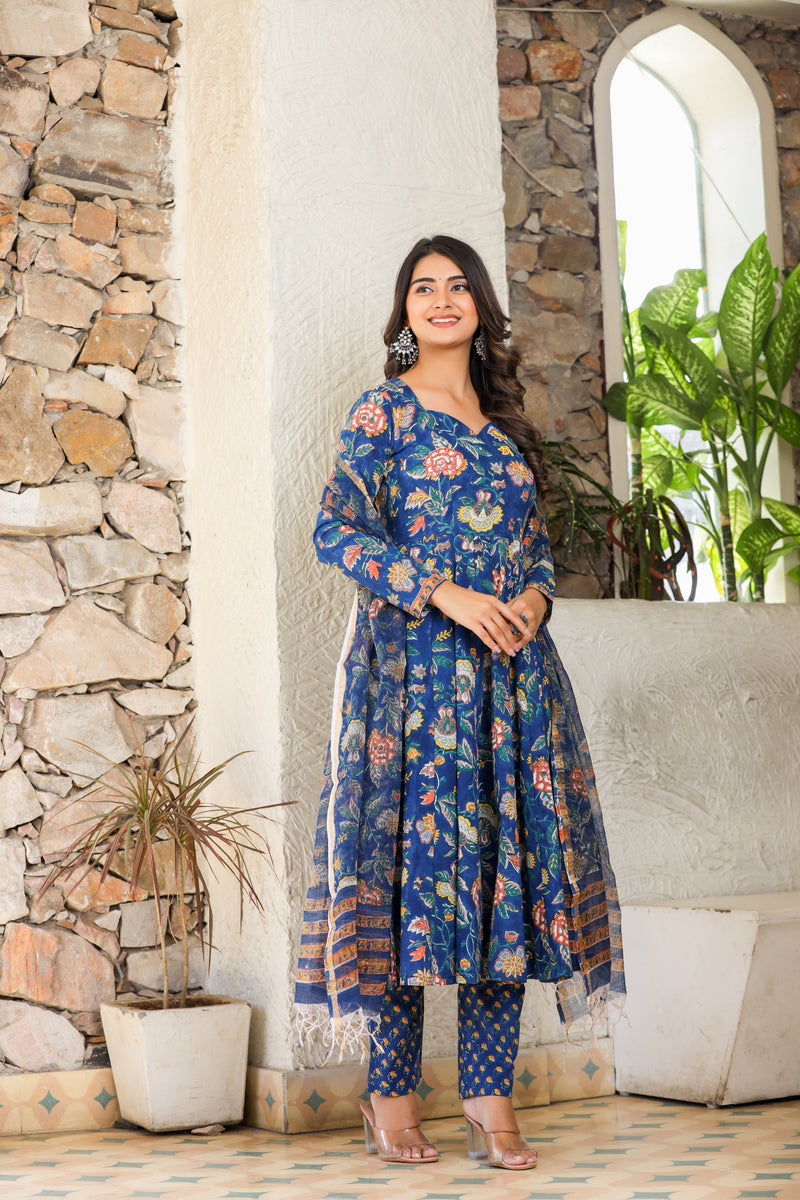 Blue Sapphire Gher Handblock Kotadoria Dupatta Suit Set