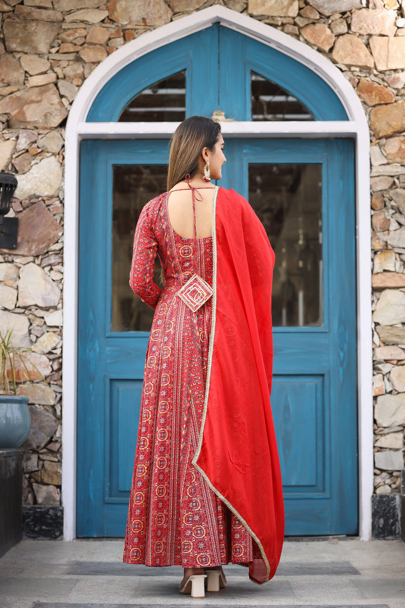 Red Fantasy Anarkali Gher Organza Dupatta Dress