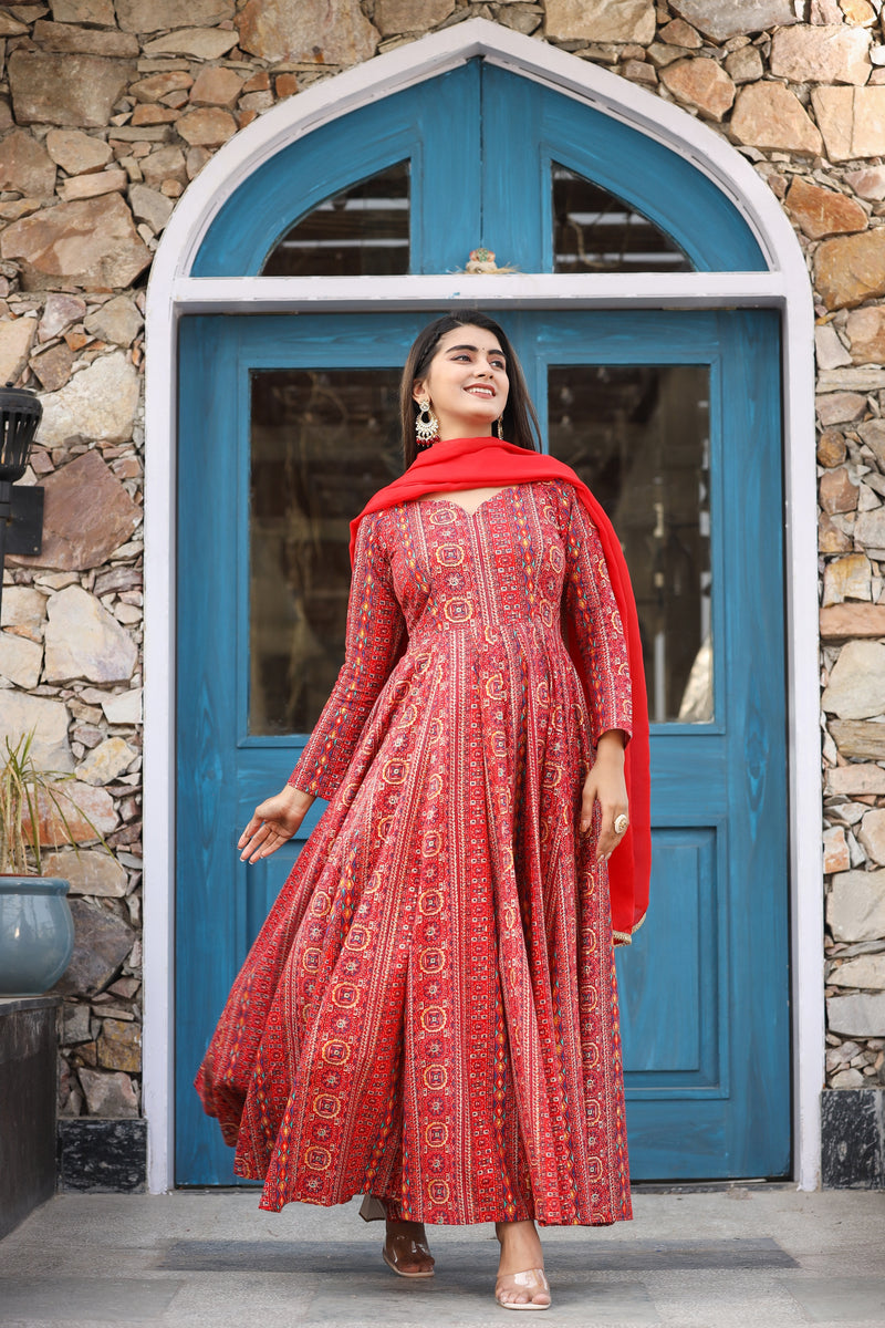 Red Fantasy Anarkali Gher Organza Dupatta Dress