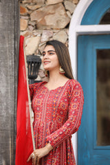 Red Fantasy Anarkali Gher Organza Dupatta Dress