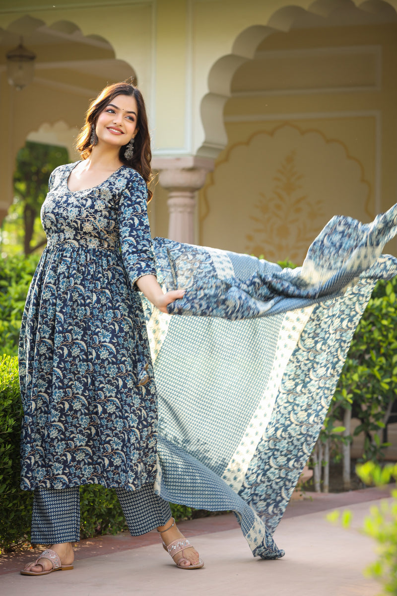 Deep Sapphire Lace Detailed Zari Suit Set