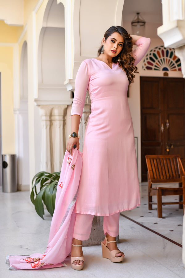 Blush Pink Handpainted Silk Suit Set