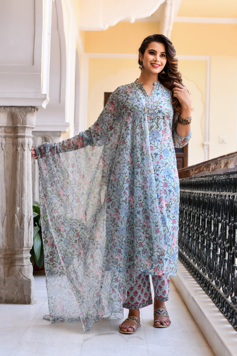 Turquoise Floral Steel Blue Chiffon Dupatta Suit set