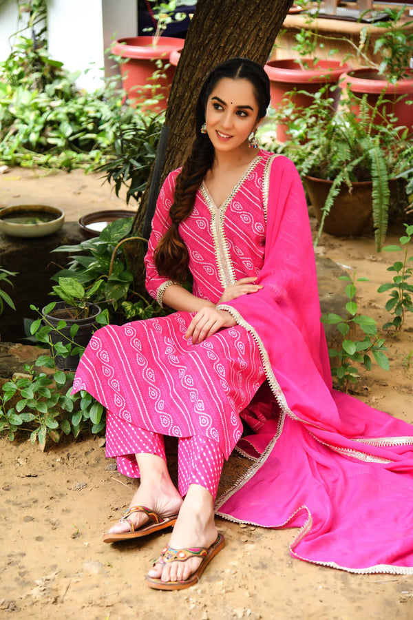 Hot Pink Bandhej Gota Suit Set