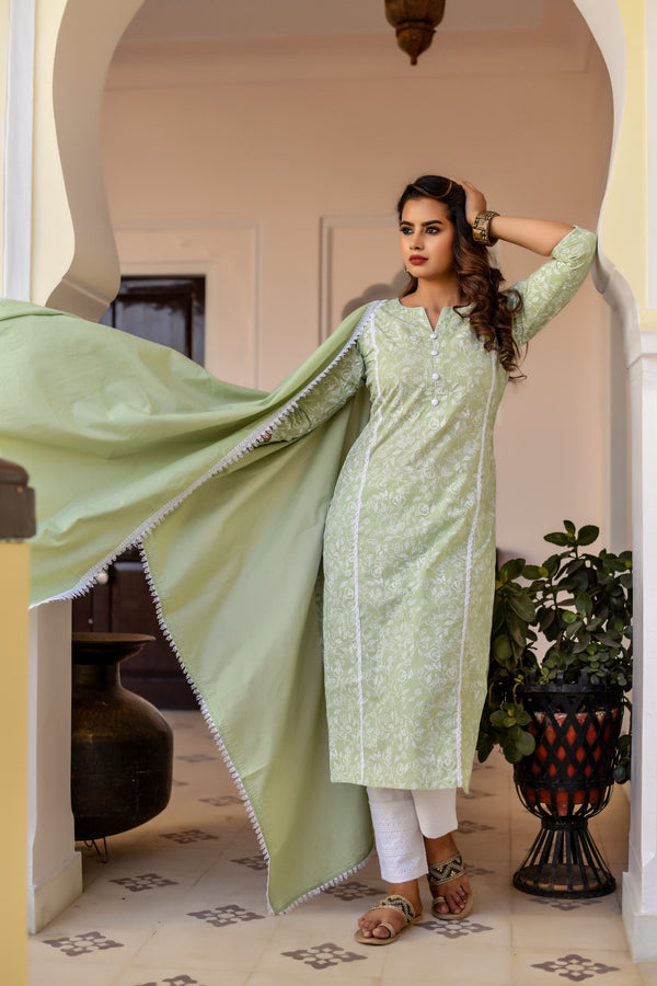 Pista Green Khadi Print Cotton Suit Set