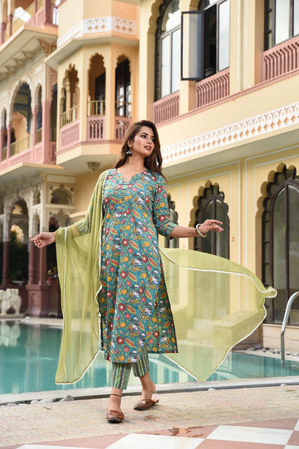 Ocean Blue Floral Pure Cotton Unstitched Suit Set With Contrast Chiffon Dupatta