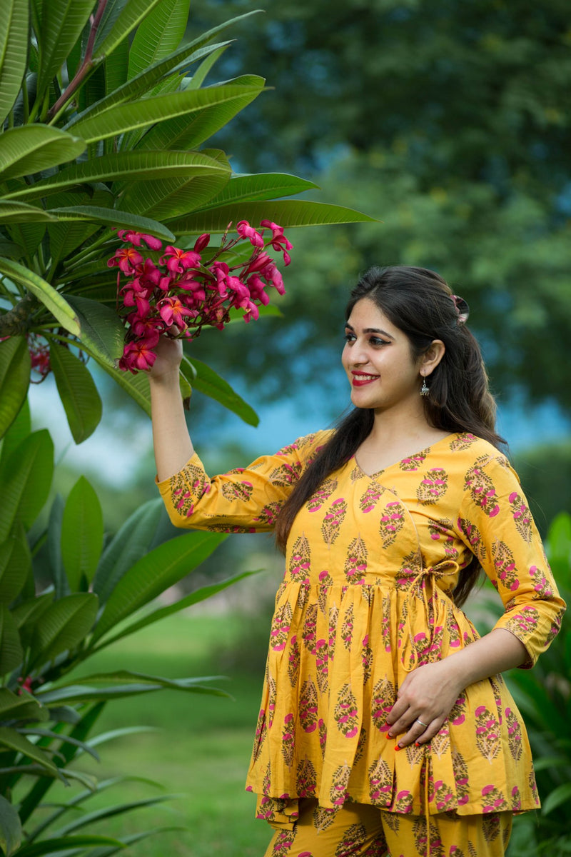 Floral Print Angrakha Style Top with Matching Pant Only