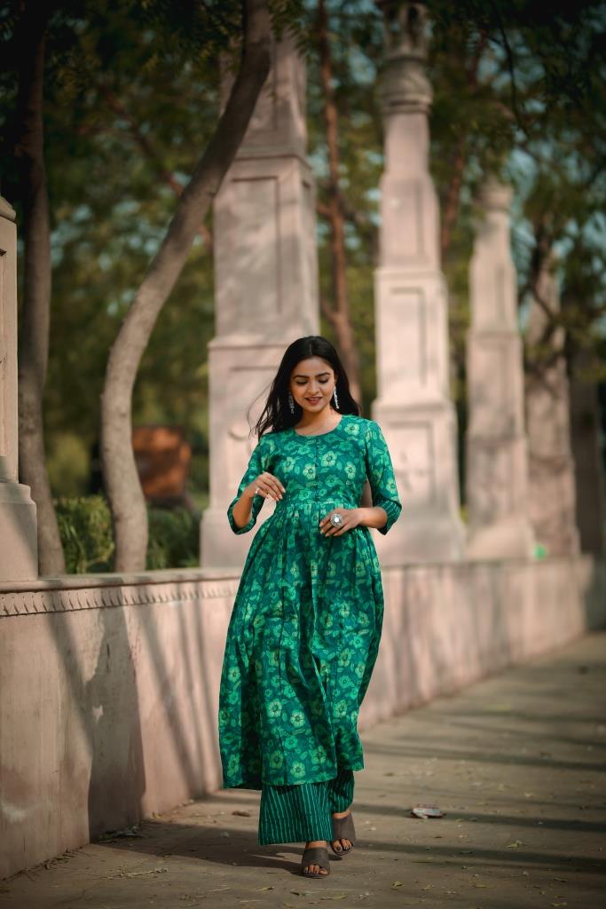 Green Floral Kurta with Striped printed Palazzo Only