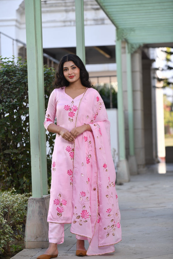 Panache Pink Straight Fit Handpainted Silk Suit Set