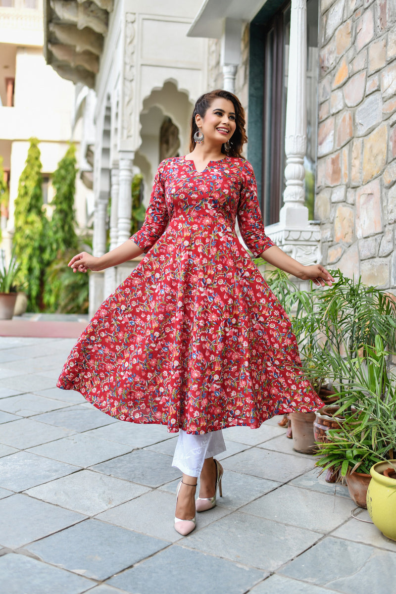 Rain in Red Handblock Gher Kurta and Pant Only