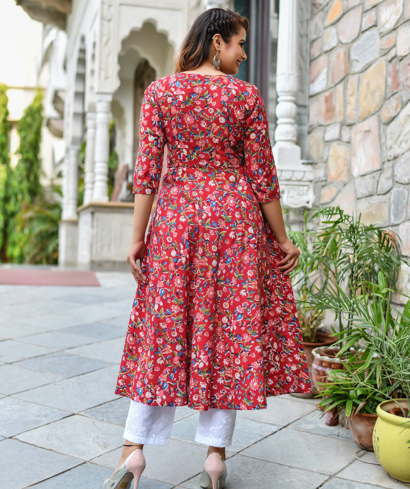 Rain in Red Handblock Gher Kurta and Pant Only