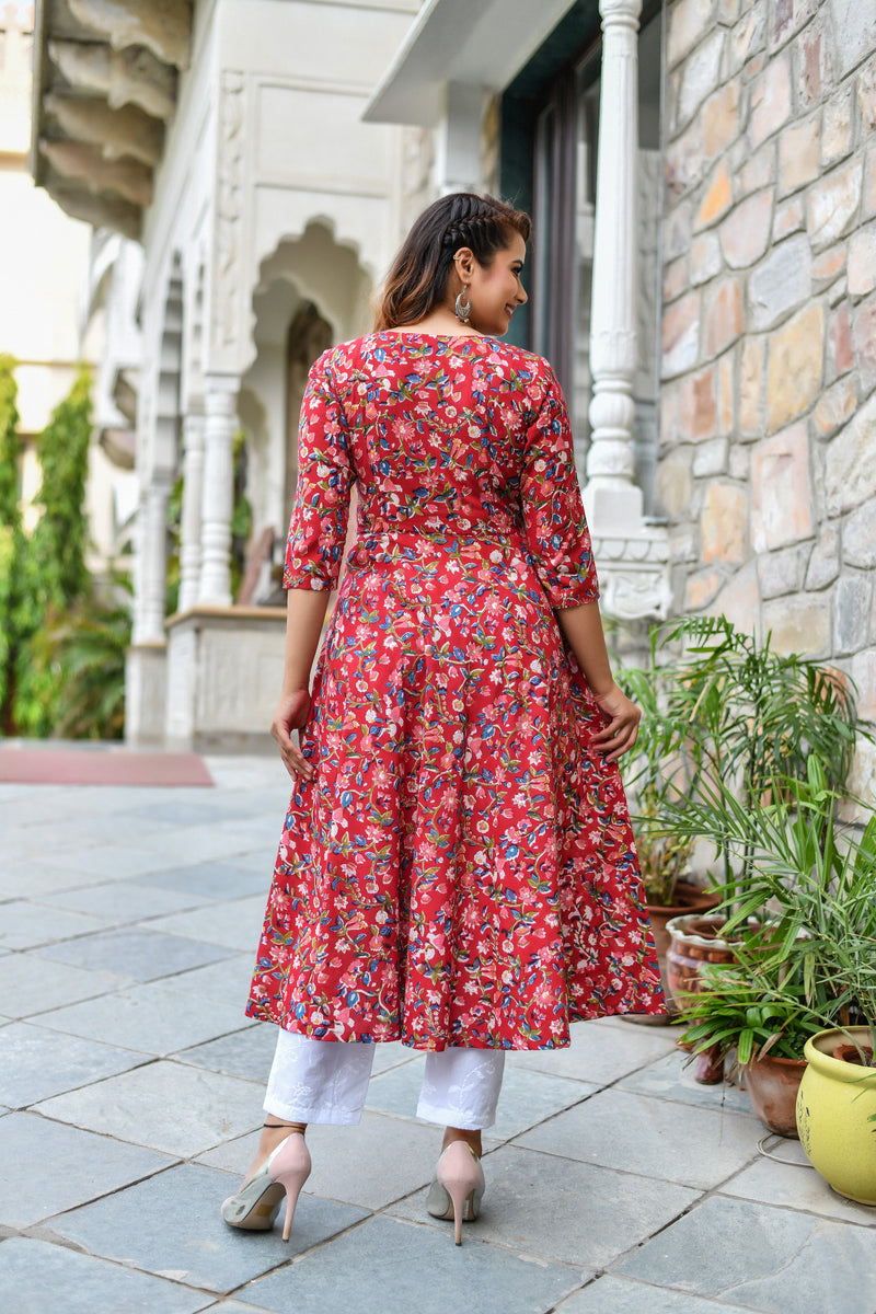 Rain In Red Handblock Anarkali Suit Set