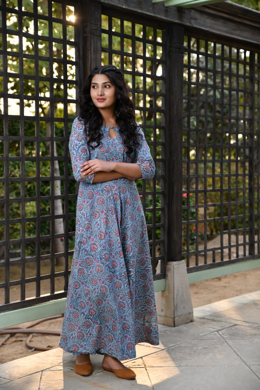 Blue Bloom Handblock Cotton Long  Dress