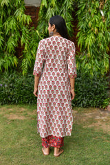 White and Red Handblock Kurta and Pant Only
