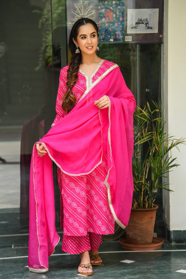 Hot Pink Bandhej Gota Suit Set