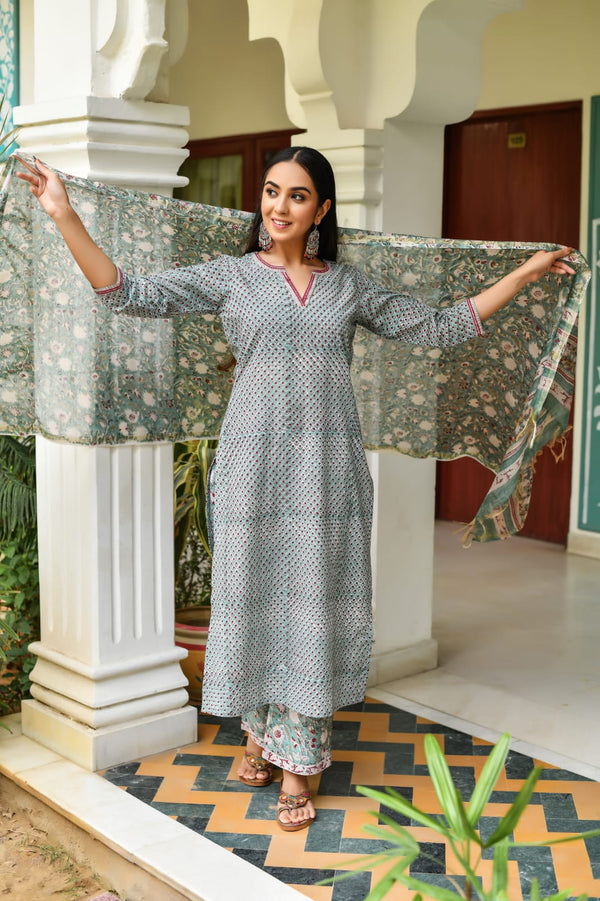 Sage Green Handblock Printed Suit Set