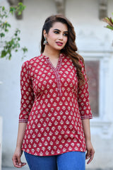 Berry Red Handblock Print Short Kurta