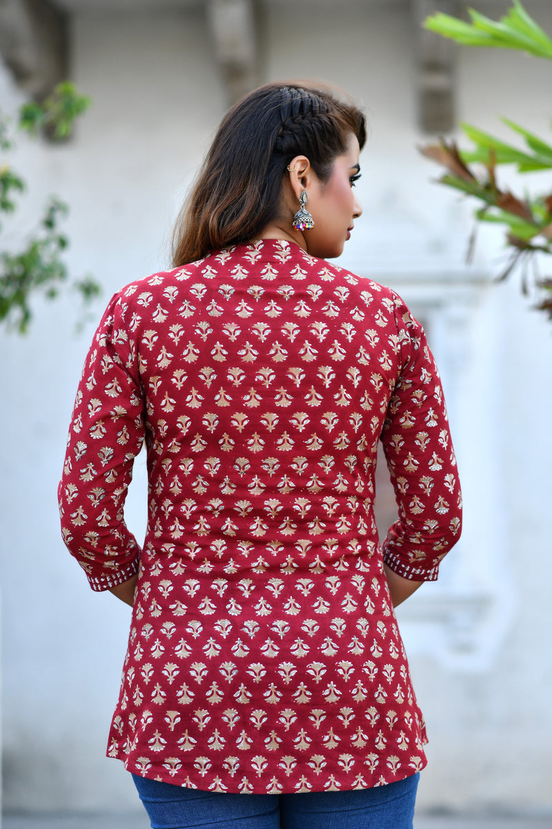 Berry Red Handblock Print Short Kurta