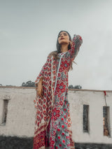 Red Blossom Lace Detailed Handblock Suit set
